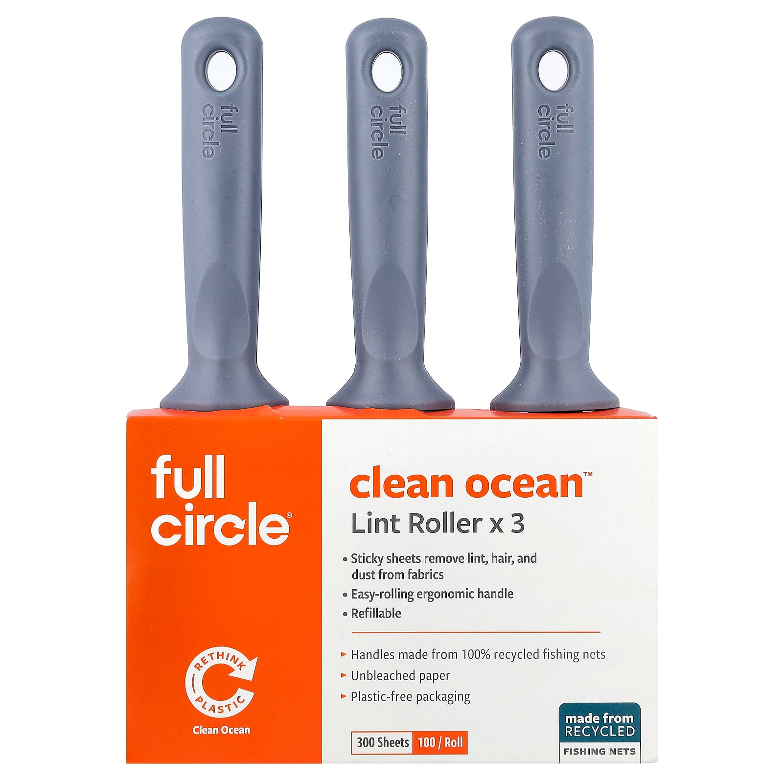Full Circle, Clean Ocean™ Lint Roller, 3 Rolls, 100 Sheets Each
