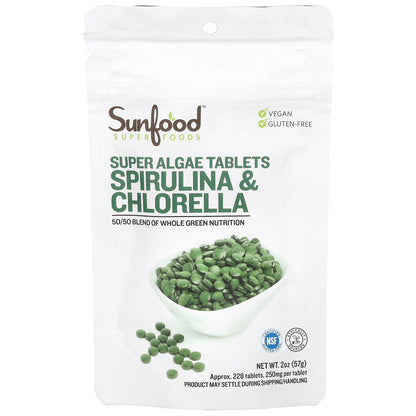 Sunfood, Super Algae Tablets, Spirulina & Chlorella, 250 mg,  Approx. 228 Tablets, 2 oz (57 g)