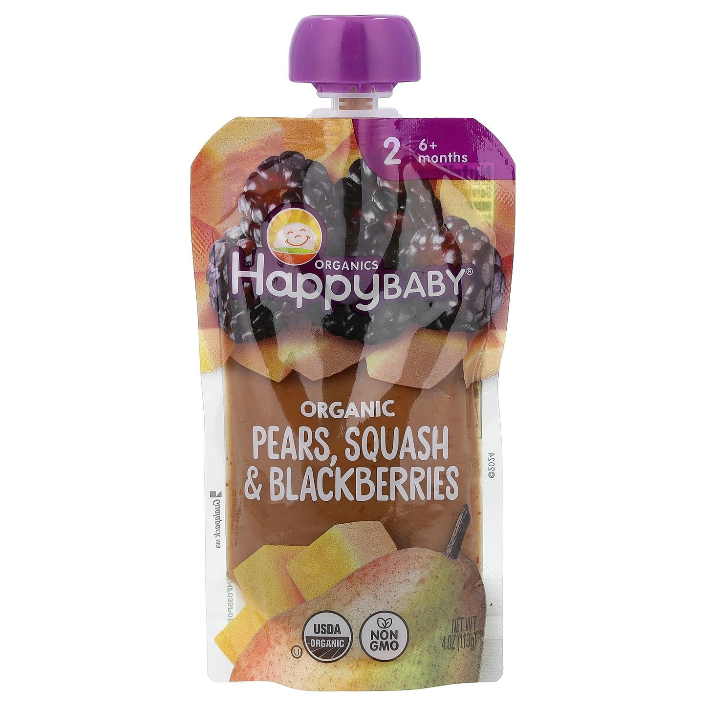 Happy Family Organics, Happy Baby®, Organic Baby Food, 6+ Months, Pears, Squash & Blackberries, 4 oz (113 g)