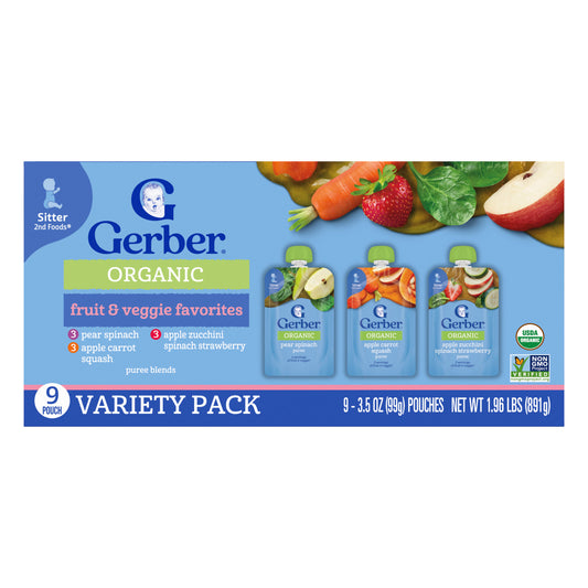 Gerber, Organic Puree Blends, Variety Pack, 2nd Foods®, Fruit & Veggie Favorites, 9 Pouches, 3.5 oz (99 g) Each