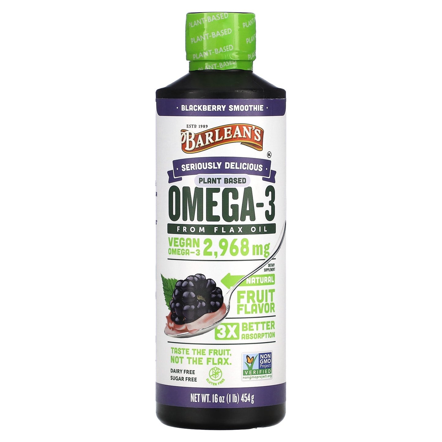 Barlean's, Seriously Delicious, Omega-3 from Flax Oil, Blackberry Smoothie, 2,968 mg, 16 oz (454 g)