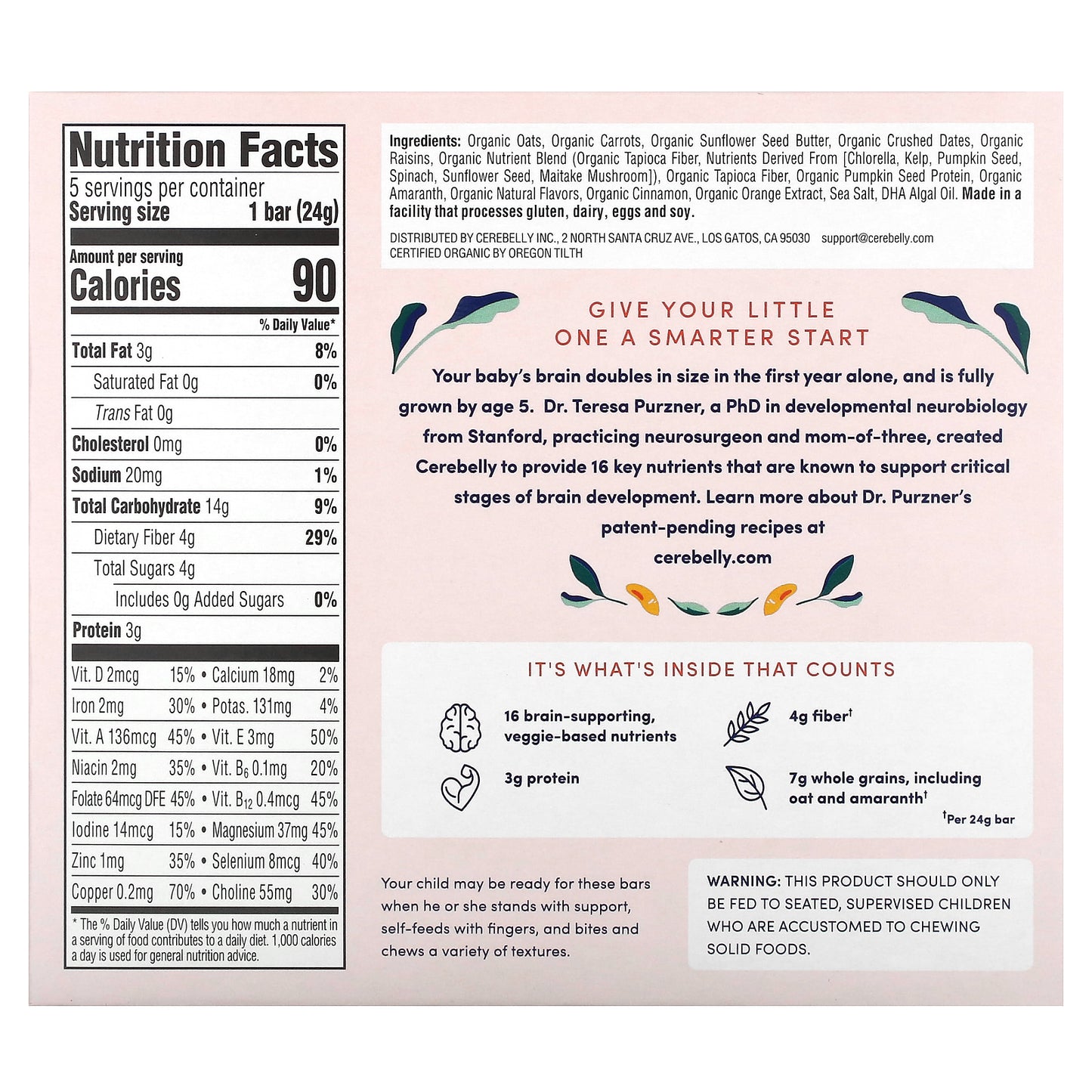 Cerebelly, Smart Bars, Organic Toddler Bars, Carrot Date, 5 Bars, 0.84 oz (24 g) Each