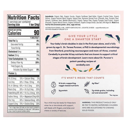 Cerebelly, Smart Bars, Organic Toddler Bars, Carrot Date, 5 Bars, 0.84 oz (24 g) Each