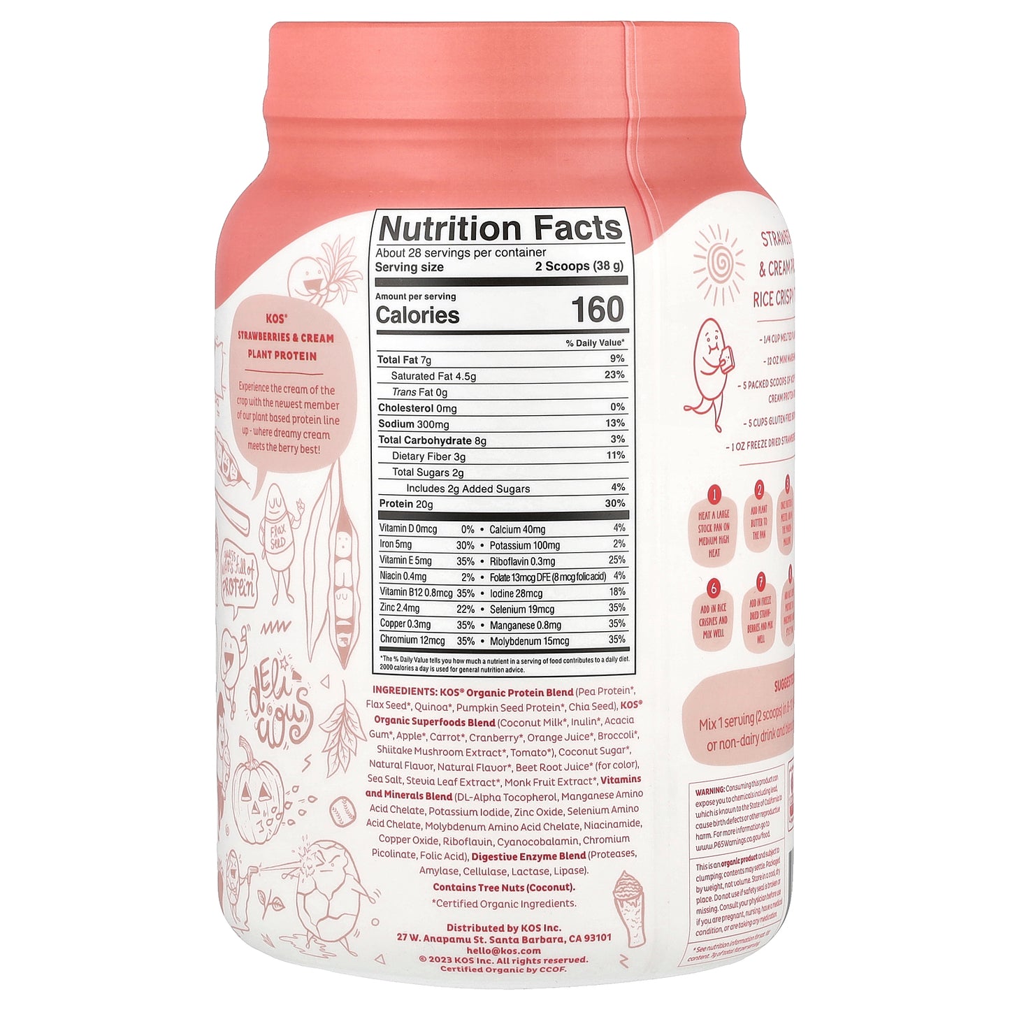 KOS, Organic Superfood Plant Protein Powder, Strawberries & Cream, 2.34 lb (1,064 g)