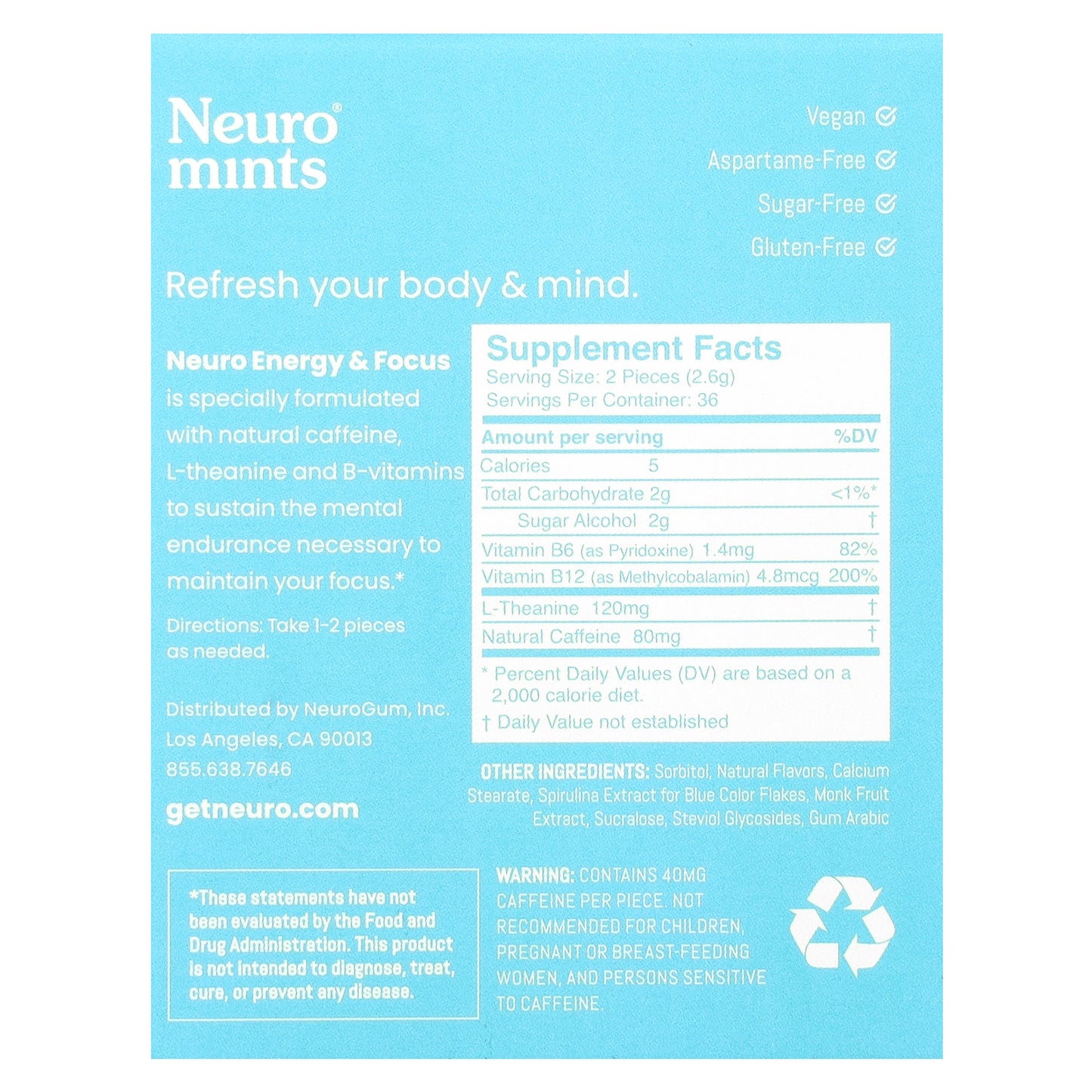 NeuroGum, NeuroMints, Energy & Focus, Peppermint, 6 Packs, 12 Pieces Each