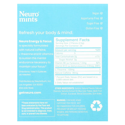 NeuroGum, NeuroMints, Energy & Focus, Peppermint, 6 Packs, 12 Pieces Each