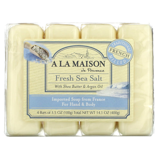 A La Maison de Provence, Hand & Body Bar Soap, Fresh Sea Salt, 4 Bars, 3.5 oz (100 g) Each