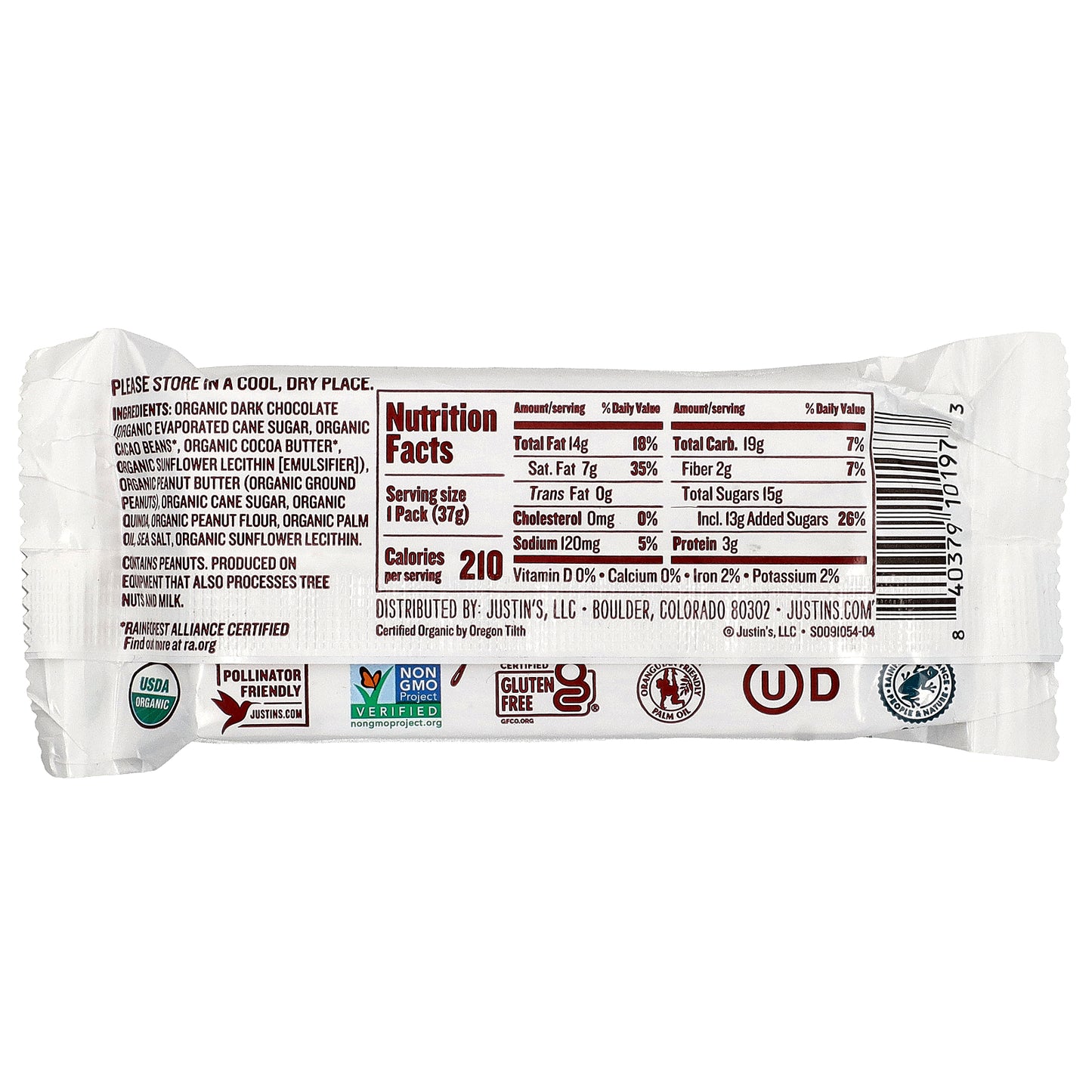 Justin's Nut Butter, Organic Dark Chocolate Crispy Peanut Butter Cups, 2 Cups, 1.32 oz (37 g)