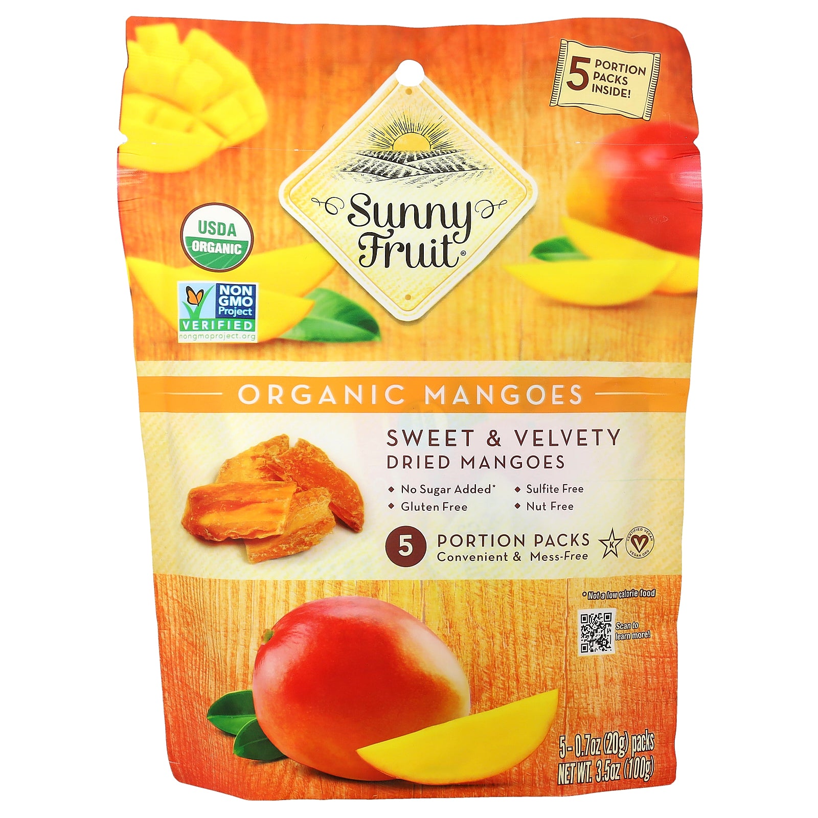 Sunny Fruit, Organic Dried Mangoes, 5 Portion Packs, 0.7 oz (20 g) Each