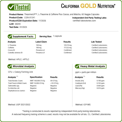 California Gold Nutrition, TheanineUP™, L-Theanine & Caffeine Plus Cocoa, and Matcha, 60 Veggie Capsules