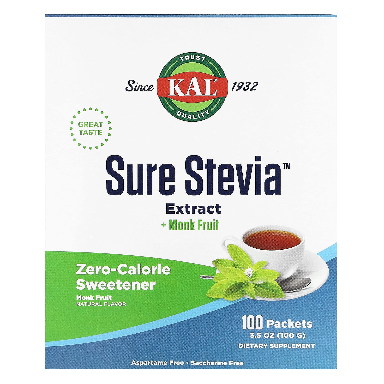 KAL, Sure Stevia Extract + Monk Fruit, 100 Packets, 3.5 oz (100 g)