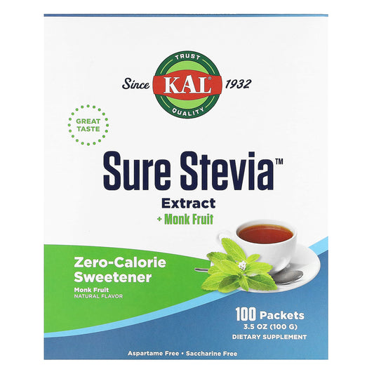 KAL, Sure Stevia Extract + Monk Fruit, 100 Packets, 3.5 oz (100 g)