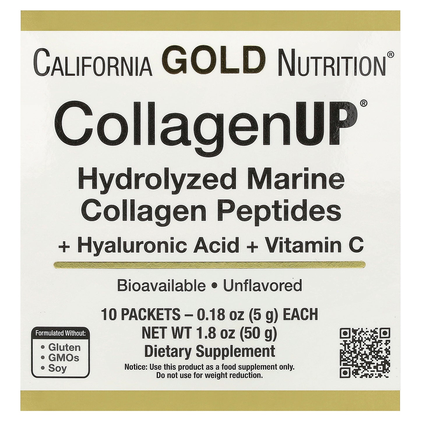 California Gold Nutrition, CollagenUP®, Hydrolyzed Marine Collagen Peptides with Hyaluronic Acid and Vitamin C, Unflavored, 10 Packets, 0.18 oz (5 g) Each