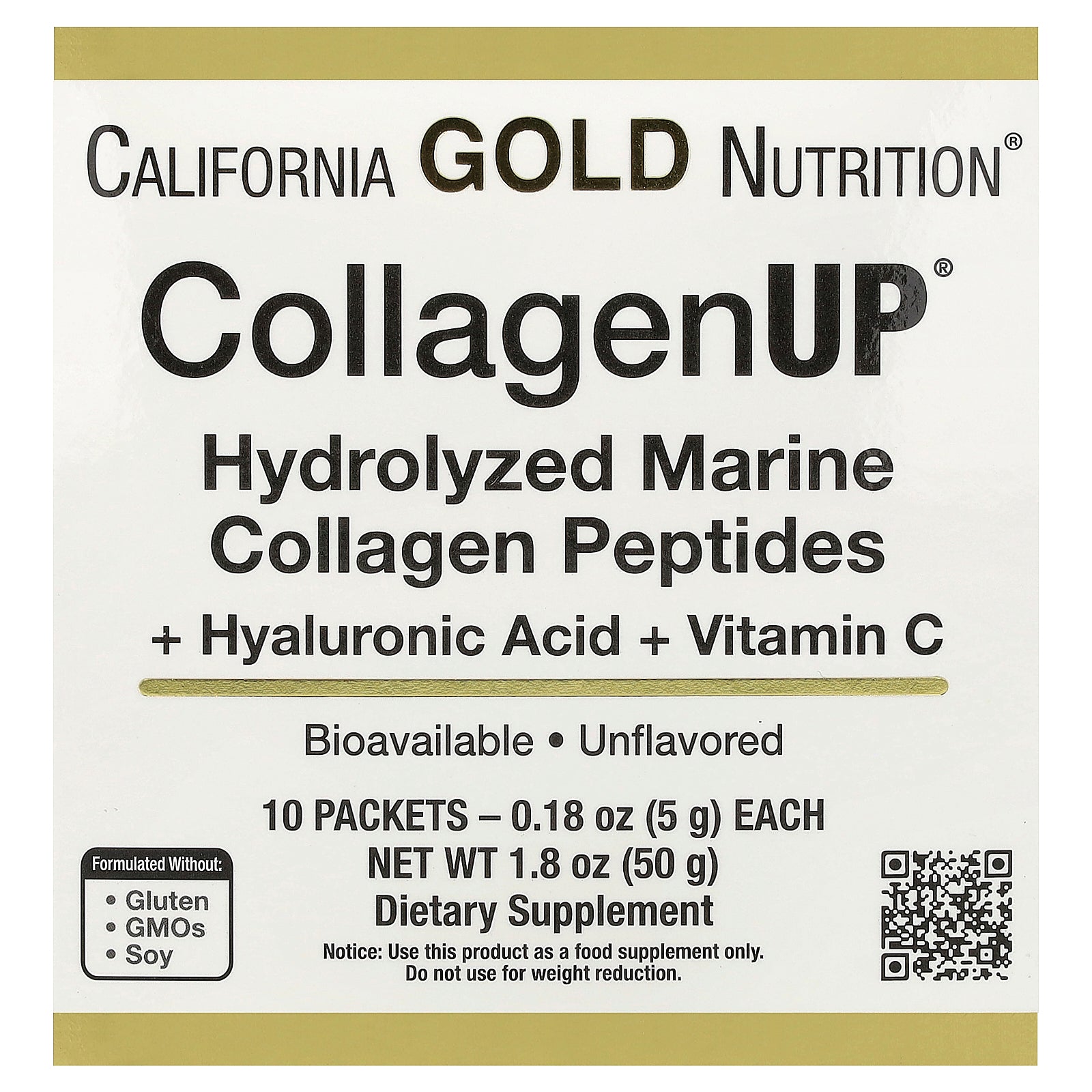 California Gold Nutrition, CollagenUP®, Hydrolyzed Marine Collagen Peptides with Hyaluronic Acid and Vitamin C, Unflavored, 10 Packets, 0.18 oz (5 g) Each