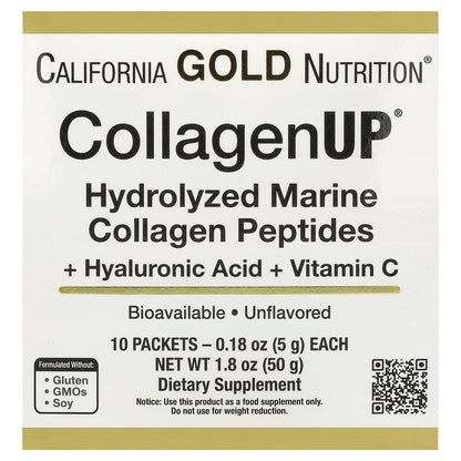 California Gold Nutrition, CollagenUP®, Hydrolyzed Marine Collagen Peptides with Hyaluronic Acid and Vitamin C, Unflavored, 10 Packets, 0.18 oz (5 g) Each