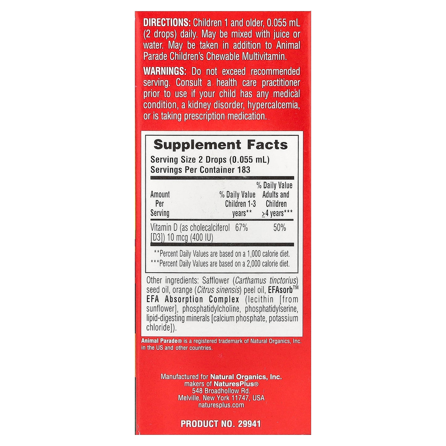 NaturesPlus, Animal Parade®, Vitamin D3 Drops, Natural Orange, 10 mcg (400 IU), 0.34 fl oz (10 ml)