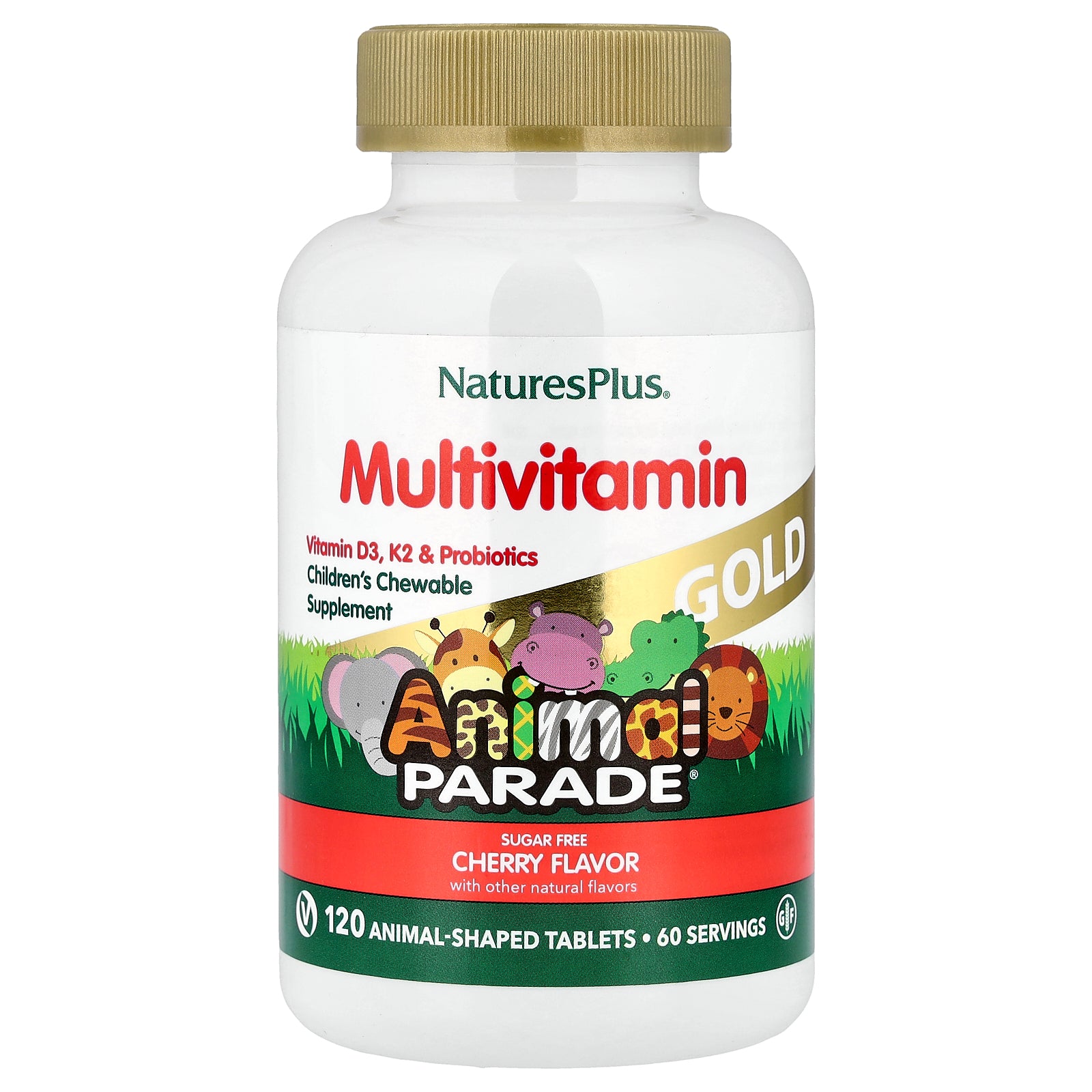 NaturesPlus, Animal Parade Gold, Children's Chewable Supplement, Cherry, 120 Animal-Shaped Tablets