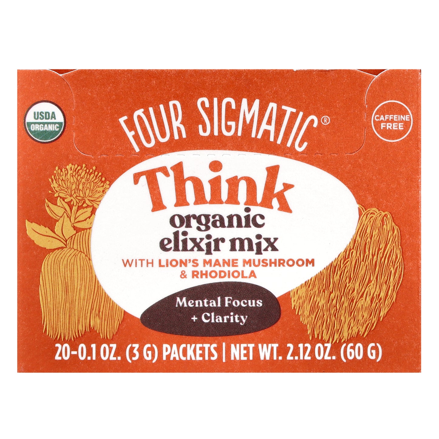 Four Sigmatic, Think, Organic Elixir Mix With Lion's Mane Mushroom & Rhodiola, Caffeine Free, 20 Packets, 0.1 oz (3 g) Each