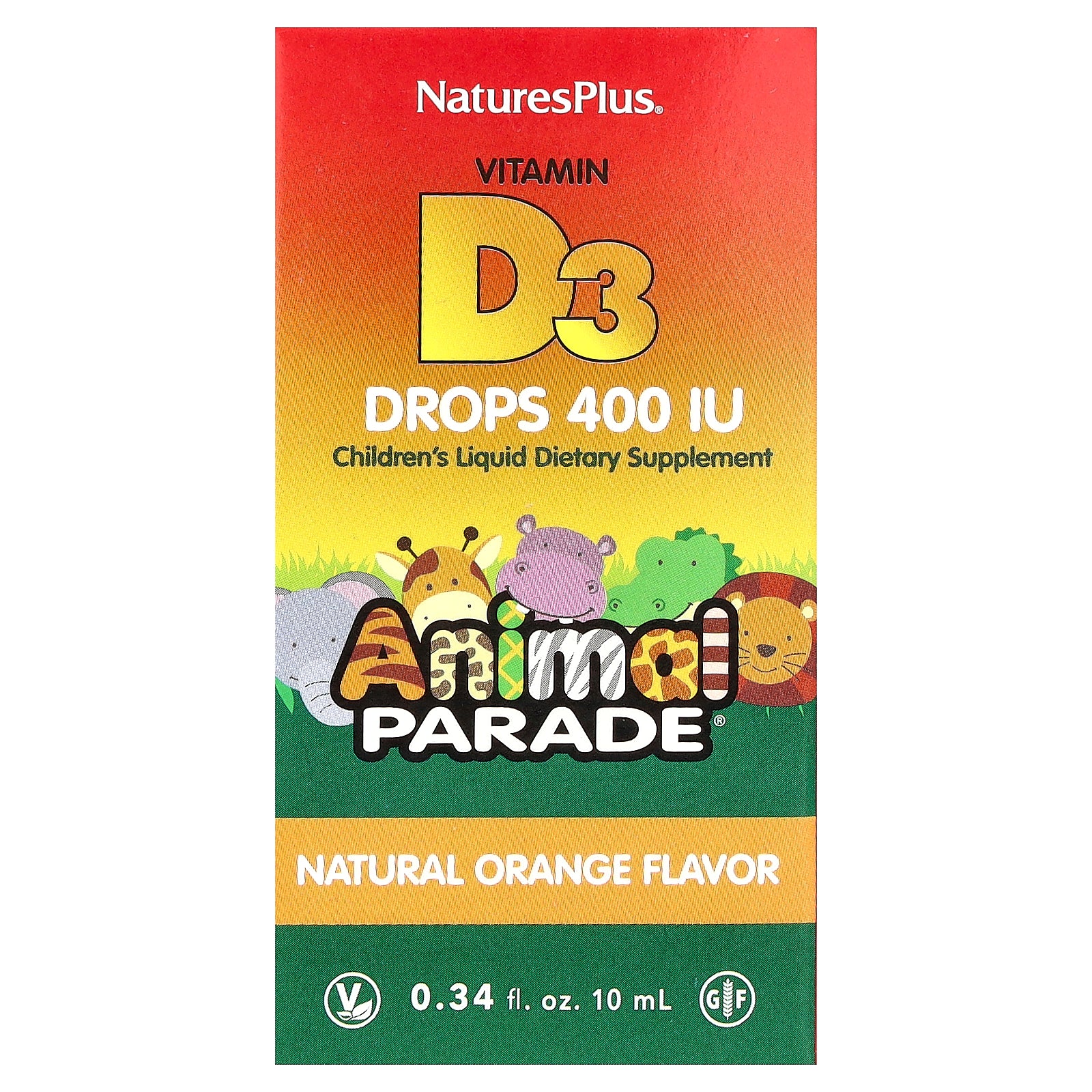 NaturesPlus, Animal Parade®, Vitamin D3 Drops, Natural Orange, 10 mcg (400 IU), 0.34 fl oz (10 ml)
