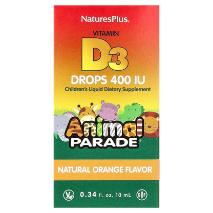 NaturesPlus, Animal Parade®, Vitamin D3 Drops, Natural Orange, 10 mcg (400 IU), 0.34 fl oz (10 ml)