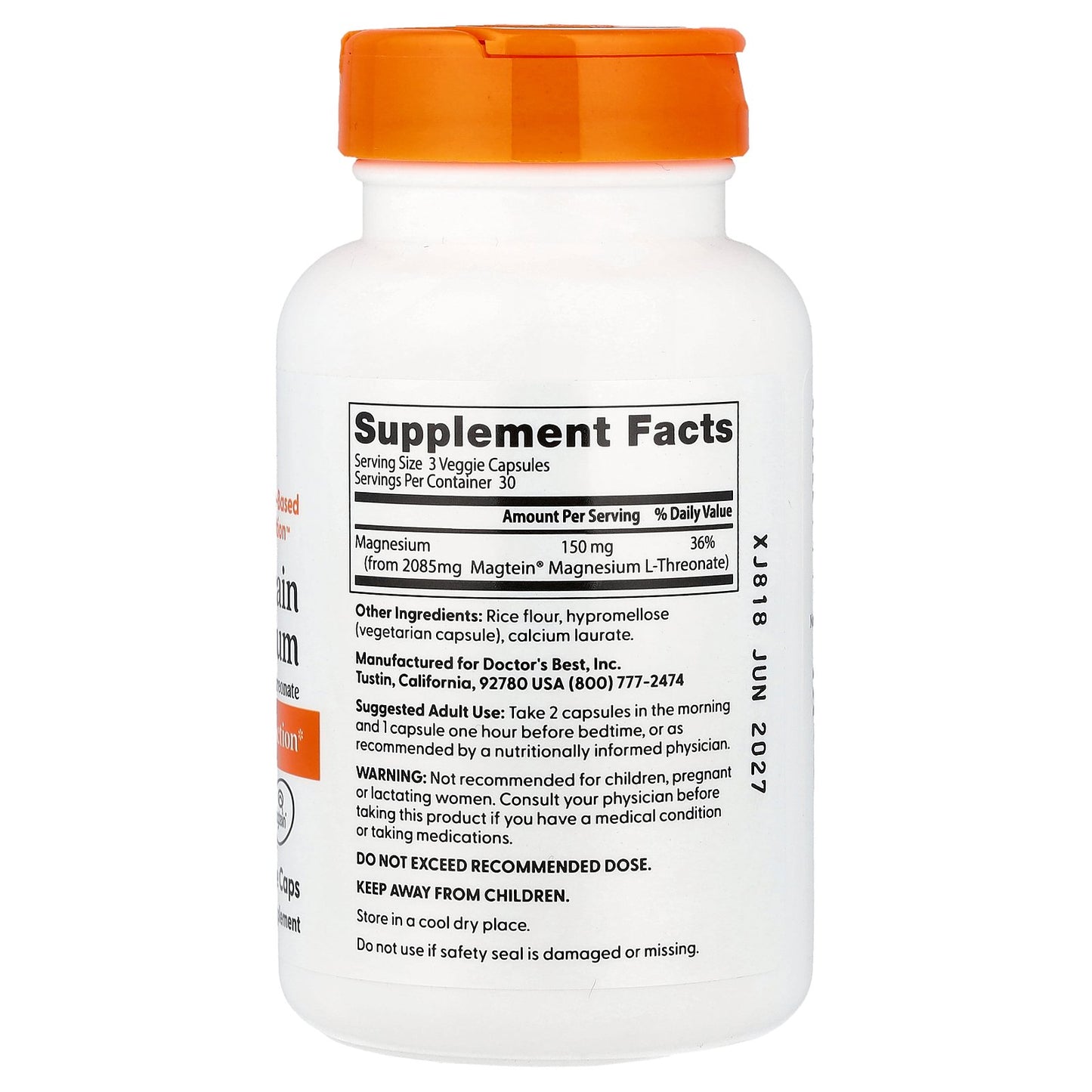 Doctor's Best, Brain Magnesium with Magtein®, 90 Veggie Caps (50 mg Per capsule)