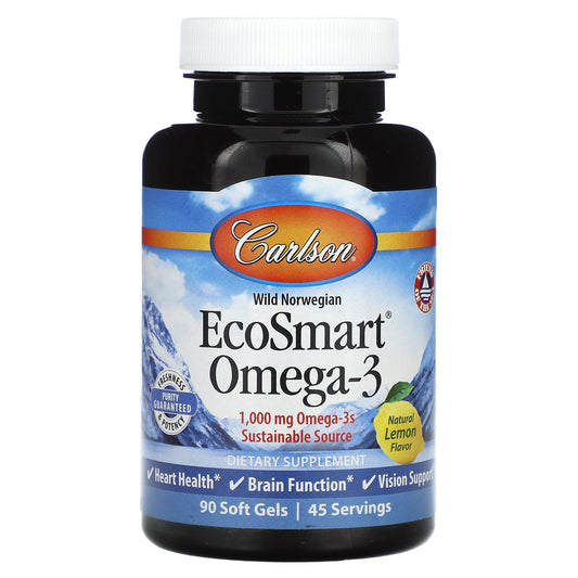 Carlson, Wild Norwegian EcoSmart Omega-3, Natural Lemon, 1,000 mg, 90 Soft Gels (500 mg per Soft Gel)