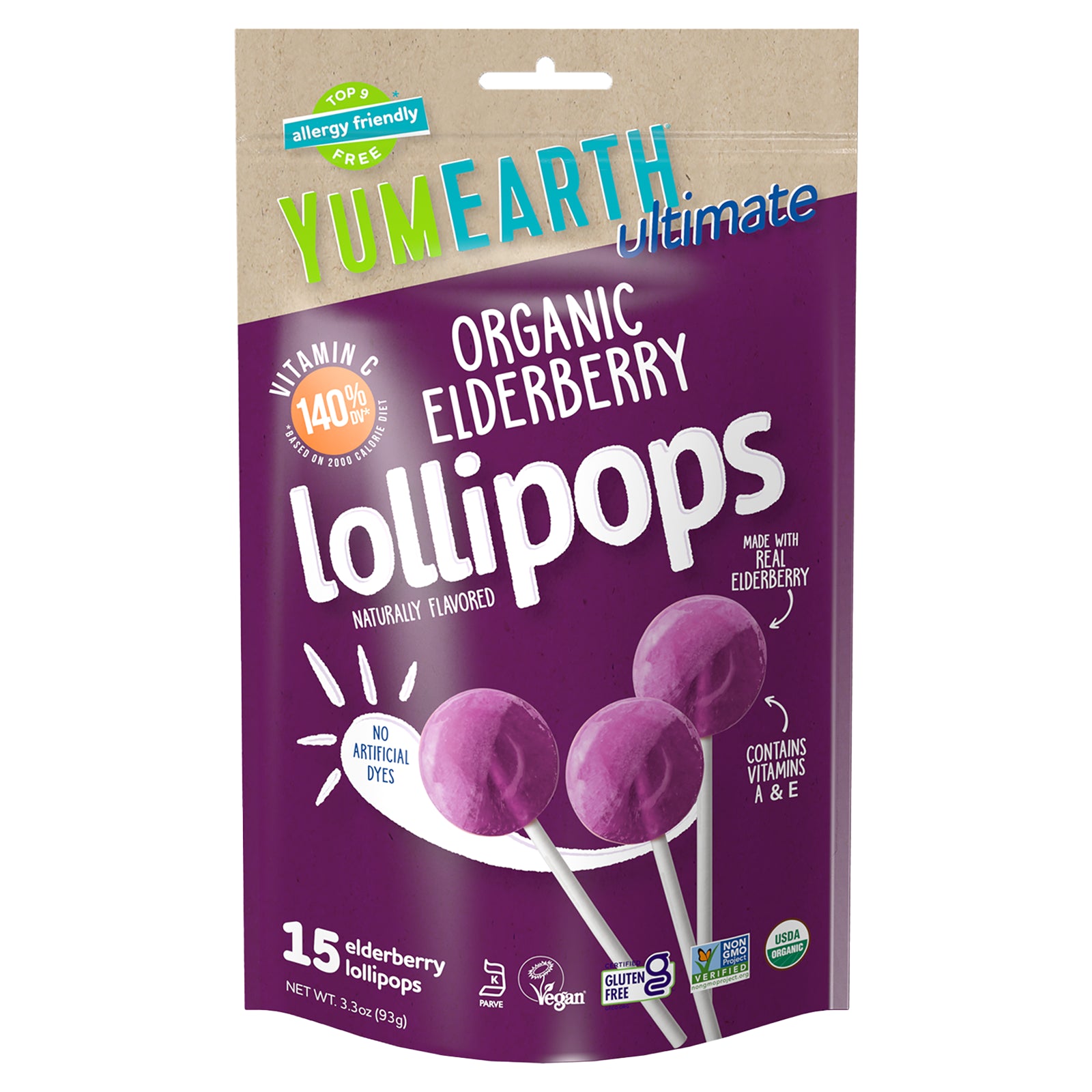 YumEarth, Ultimate, Organic Elderberry Lollipops, 15 Lollipops, 3.3 oz (93 g)