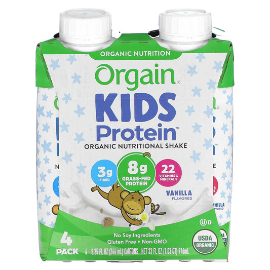 Orgain, Kids Protein, Organic Nutritional Shake, Vanilla, 4 Pack, 8.25 fl oz (244 ml) Each