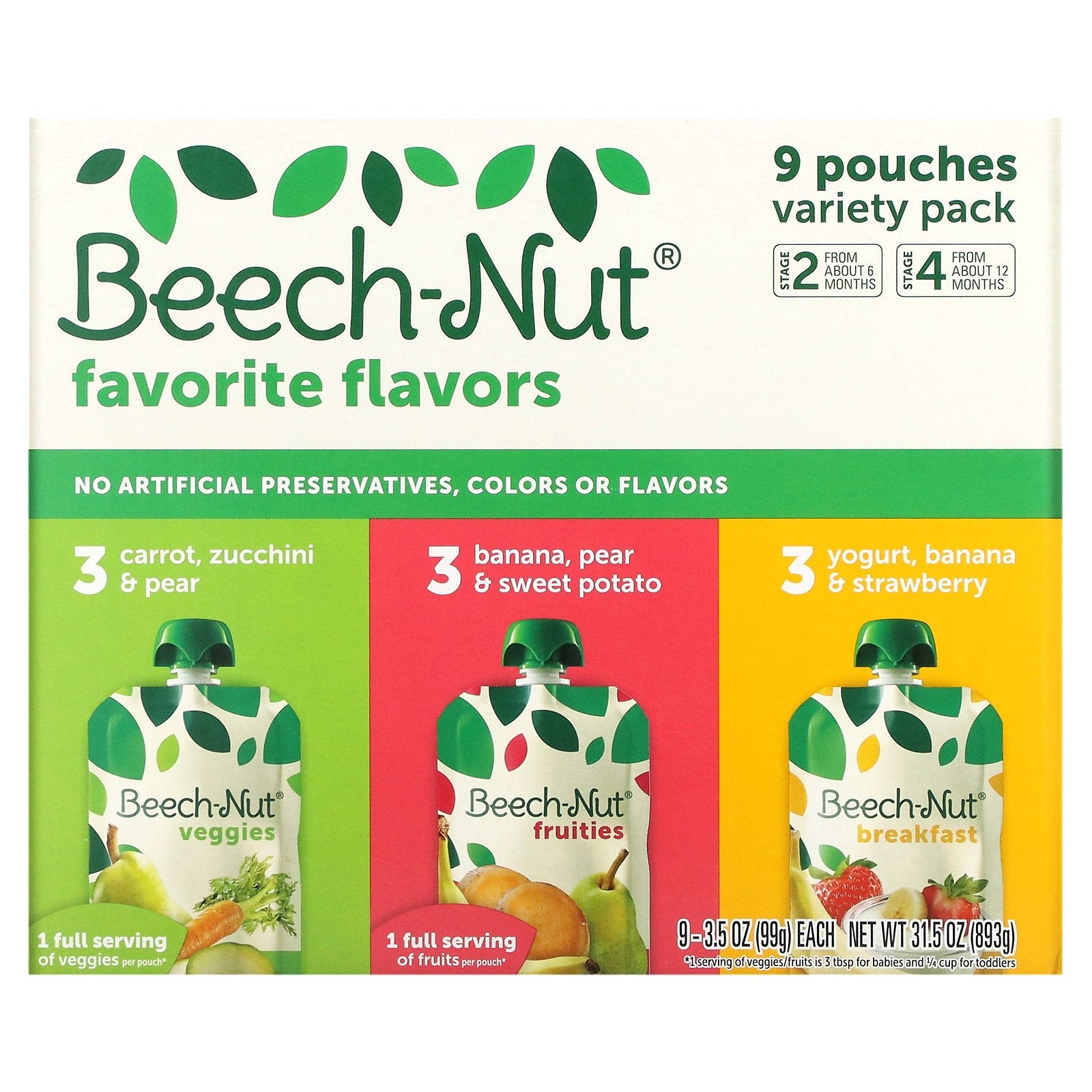 Beech-Nut, Favorite Flavors Variety Pack, 6+ Months & 12+ Months, 9 Pouches, 3.5 oz (99 g) Each