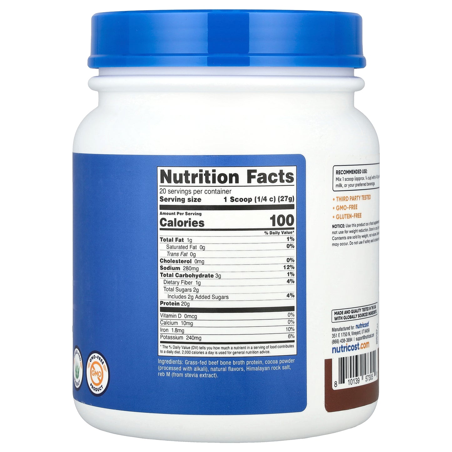Nutricost, Bone Broth Protein, Chocolate, 1.2 lb (536 g)