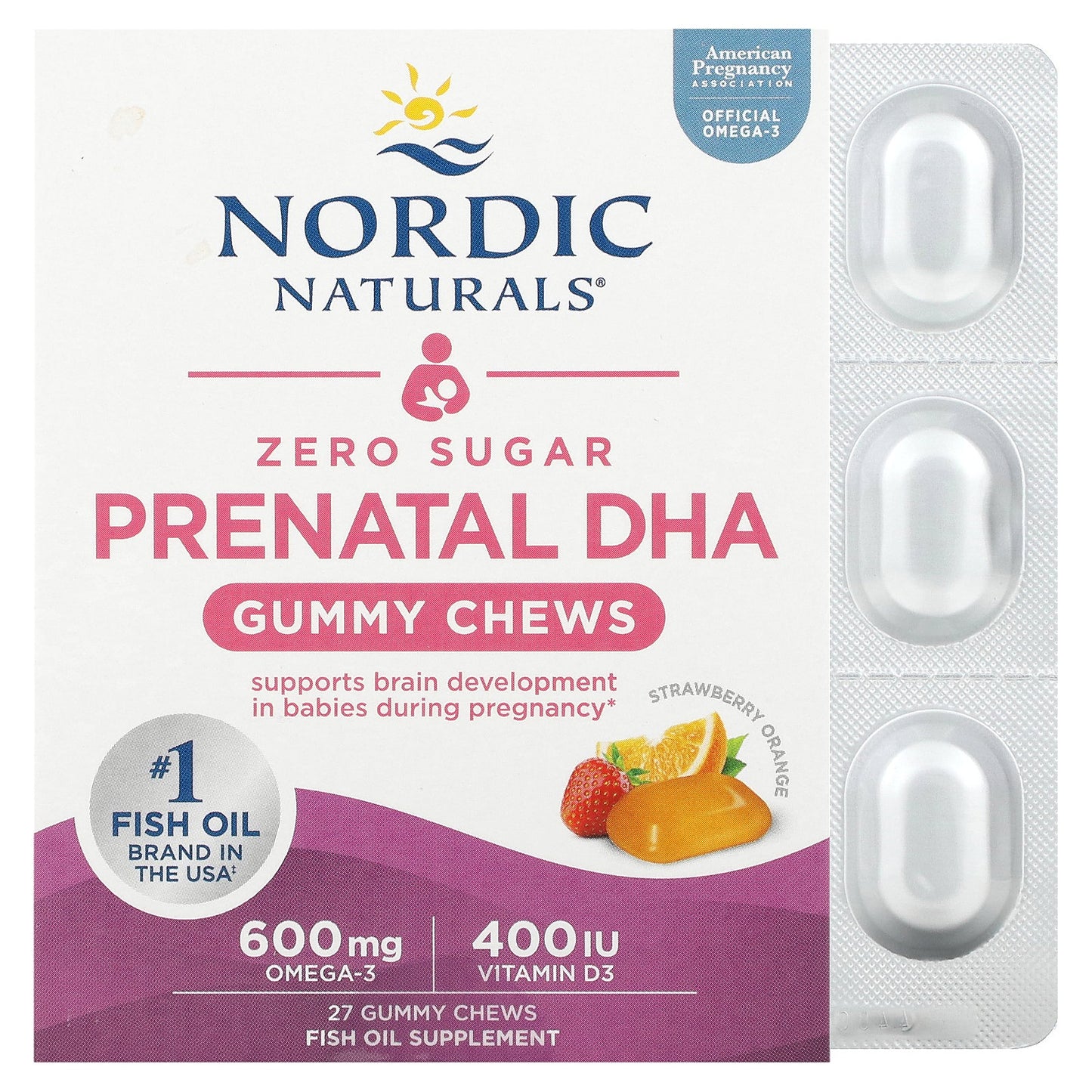 Nordic Naturals, Zero Sugar Prenatal DHA, Strawberry Orange, 27 Gummy Chews