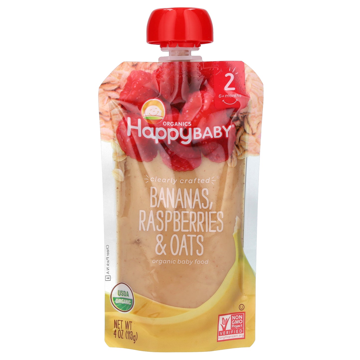 Happy Family Organics, Happy Baby, Baby Food, 6+ Months, Bananas, Raspberries & Oats, 4 oz (113 g)