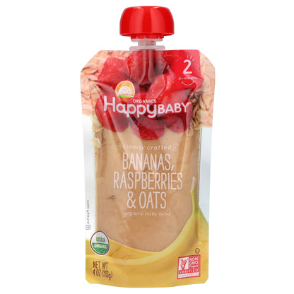 Happy Family Organics, Happy Baby, Baby Food, 6+ Months, Bananas, Raspberries & Oats, 4 oz (113 g)