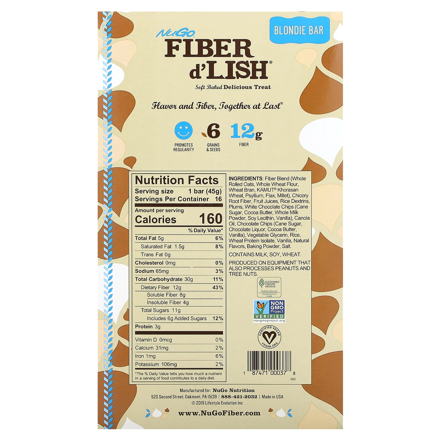 NuGo Nutrition, Fiber d' Lish, Blondie Bar, 16 Bars, 1.6 oz (45 g) Each
