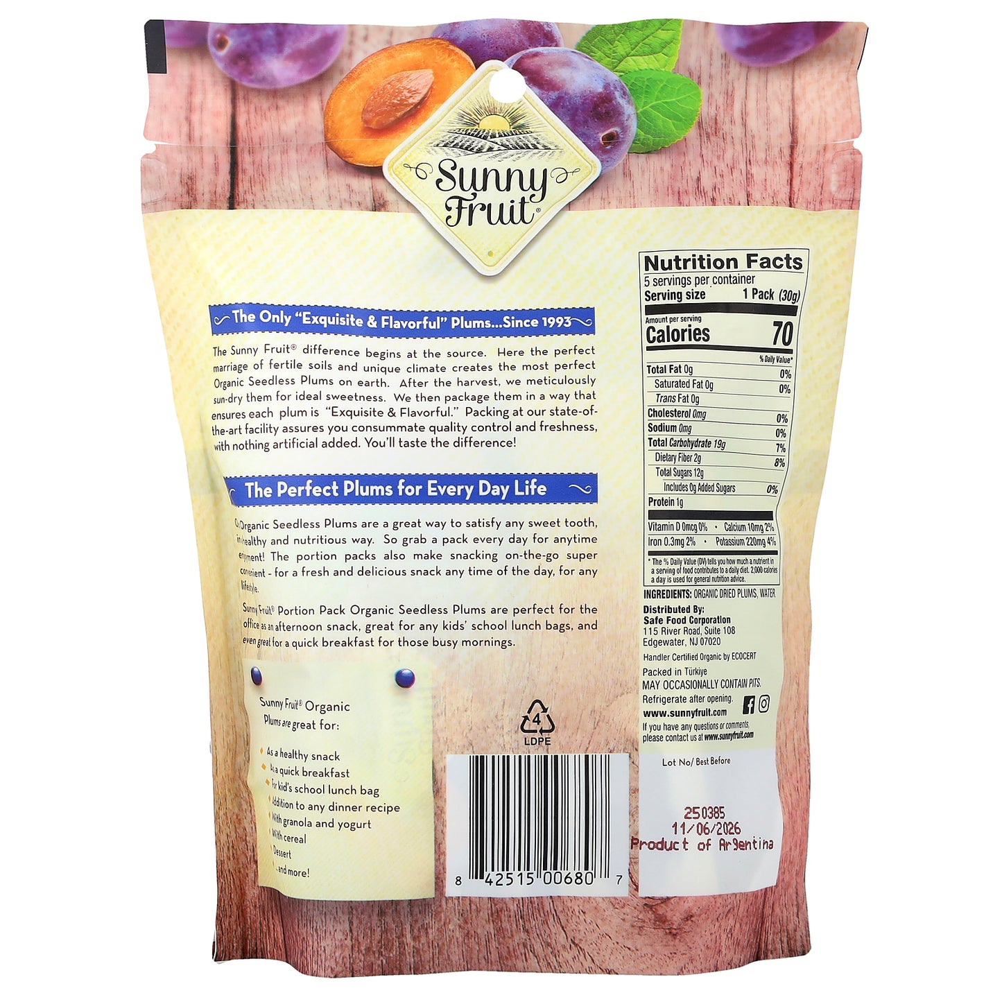 Sunny Fruit, Organic Dried Plums,  5 Portion Packs, 1.06 oz (30 g) Each