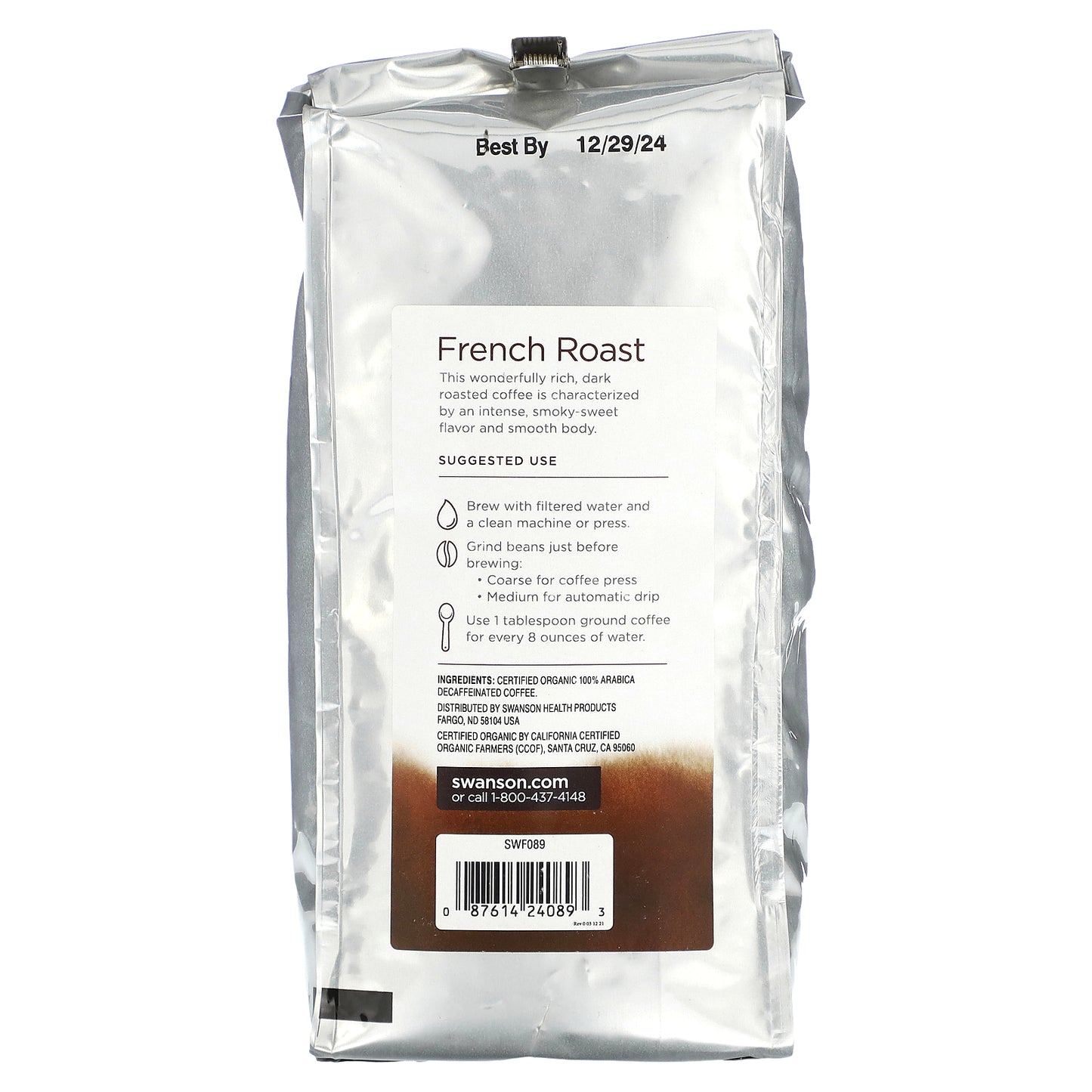 Swanson, Organic French Roast Coffee, Whole Bean, Dark Roast, Decaf, 16 oz (454 g)