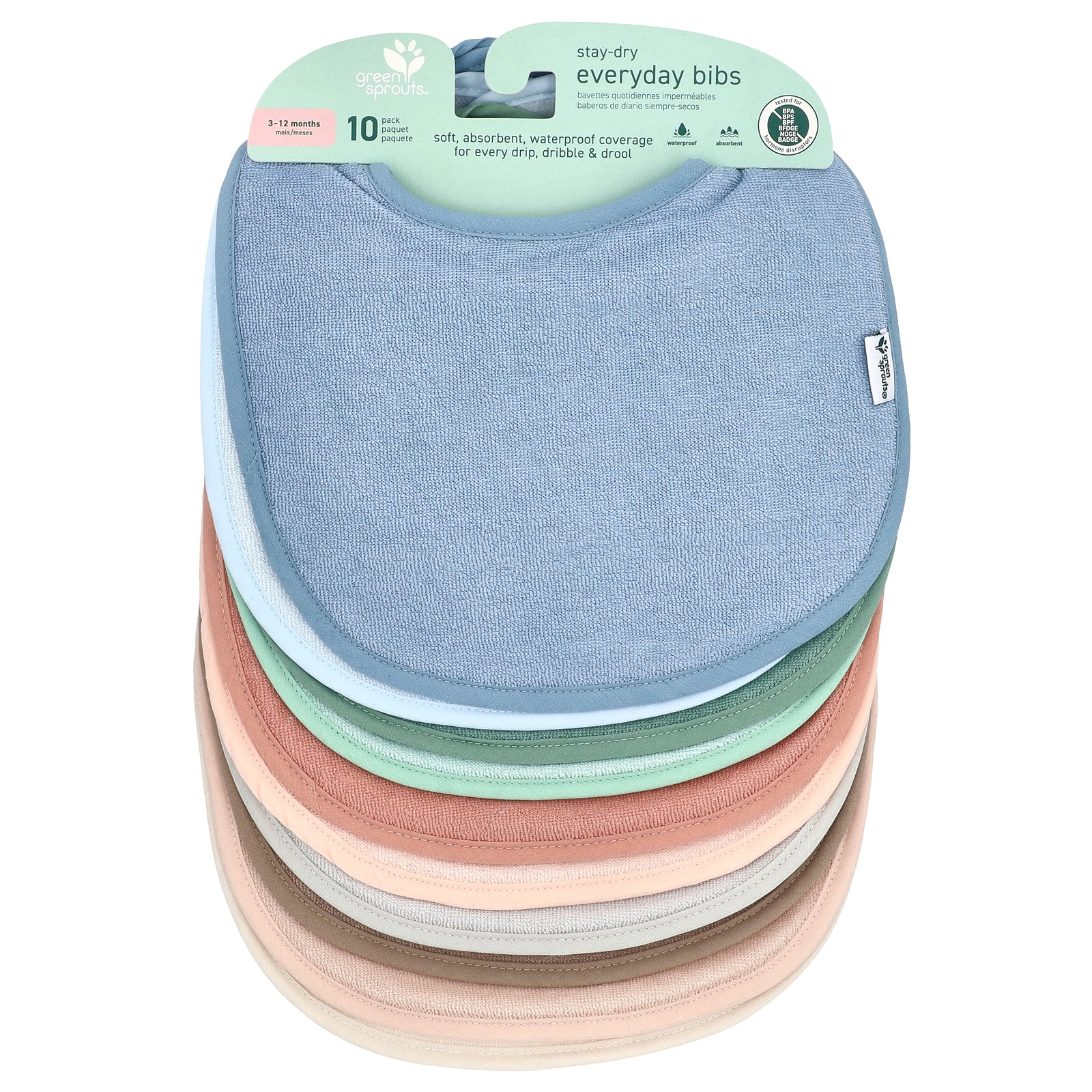 Green Sprouts, Stay-Dry Everyday Bibs, 3-12 Months, Multicolor, 10 Pack