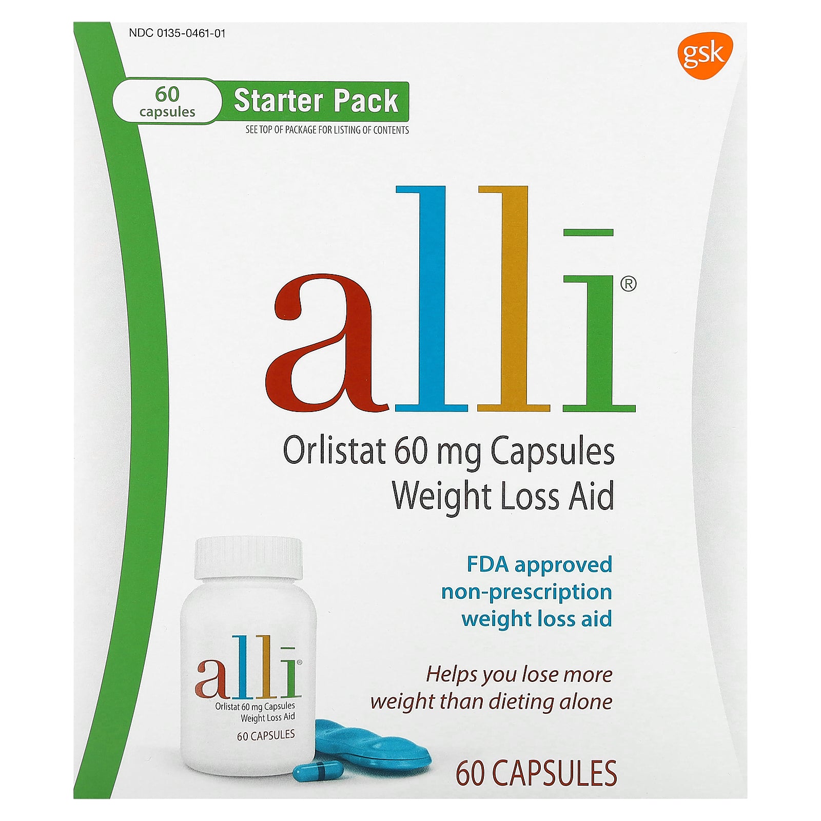 Alli, Orlistat, Weight Loss Aid, Starter Pack, 60 mg, 60 Capsules