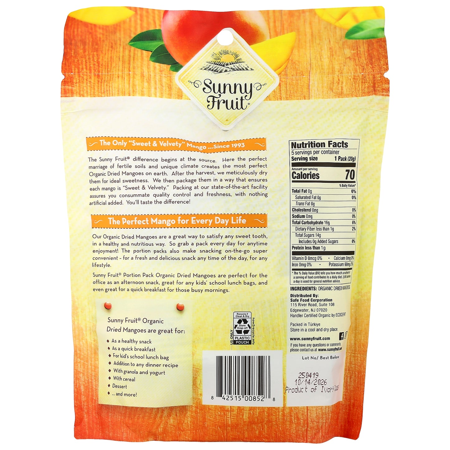 Sunny Fruit, Organic Dried Mangoes, 5 Portion Packs, 0.7 oz (20 g) Each