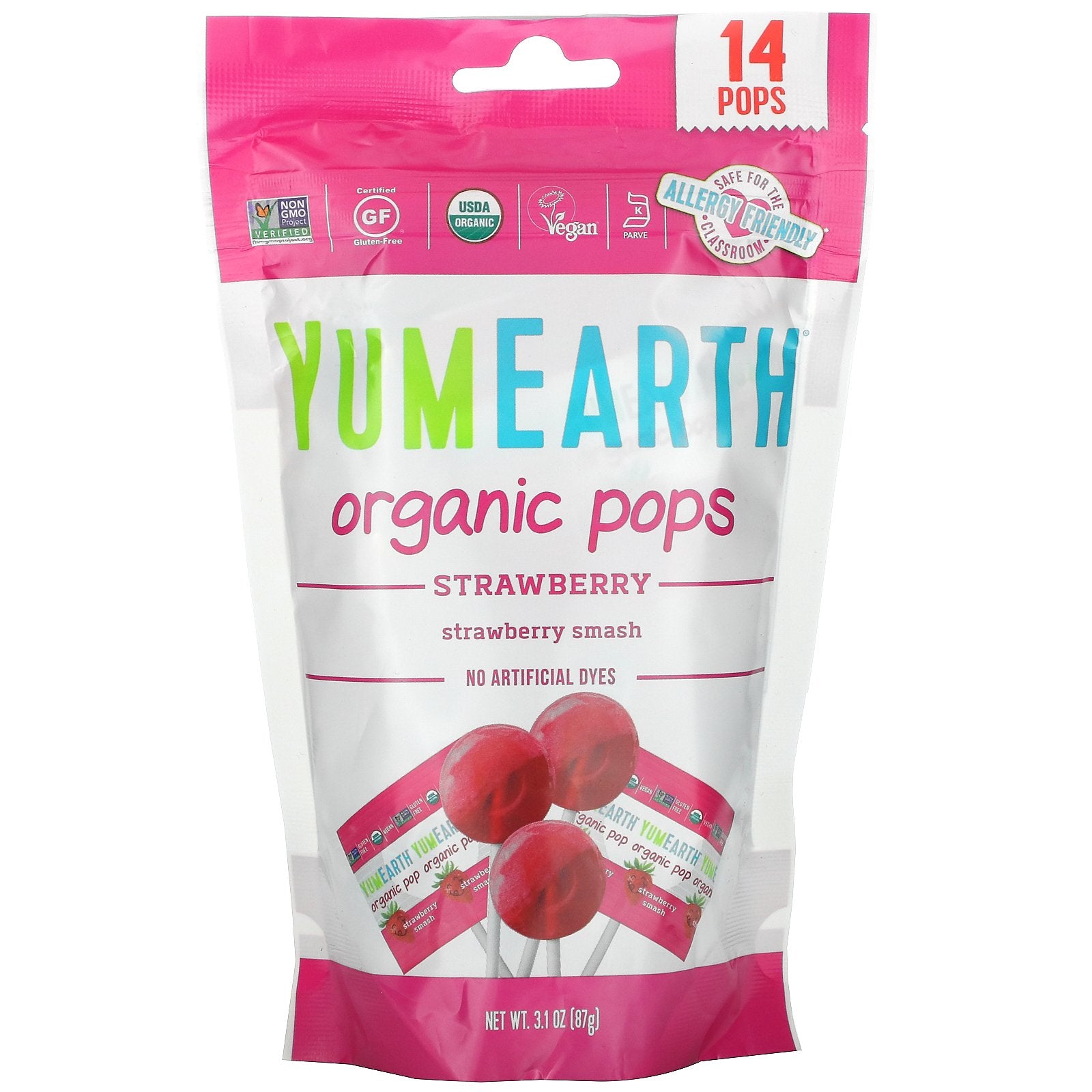 YumEarth, Organic Strawberry Pops, Strawberry Smash, 14 Pops, 3.1 oz (87 g)