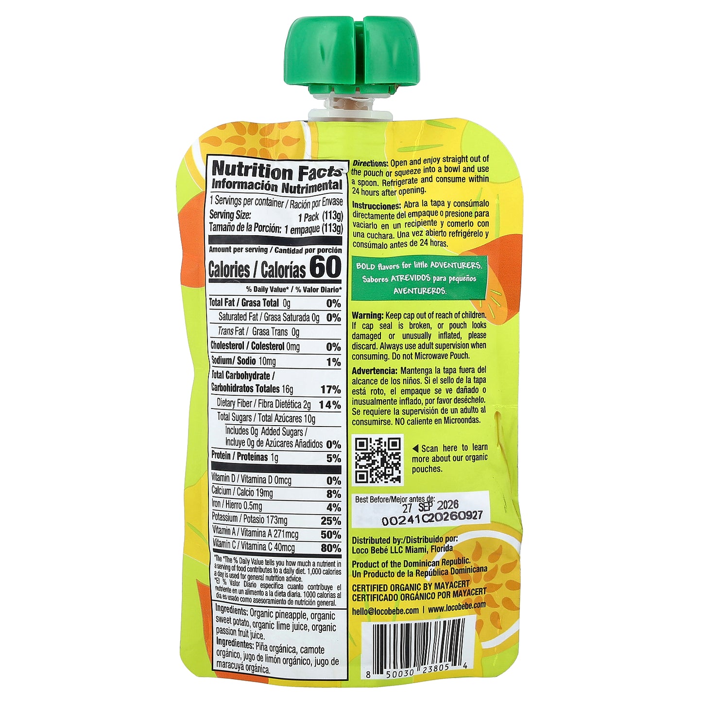 Loco Bebe, Organic Puree, 6+ Months, Hola Pina, 4 oz (113 g)