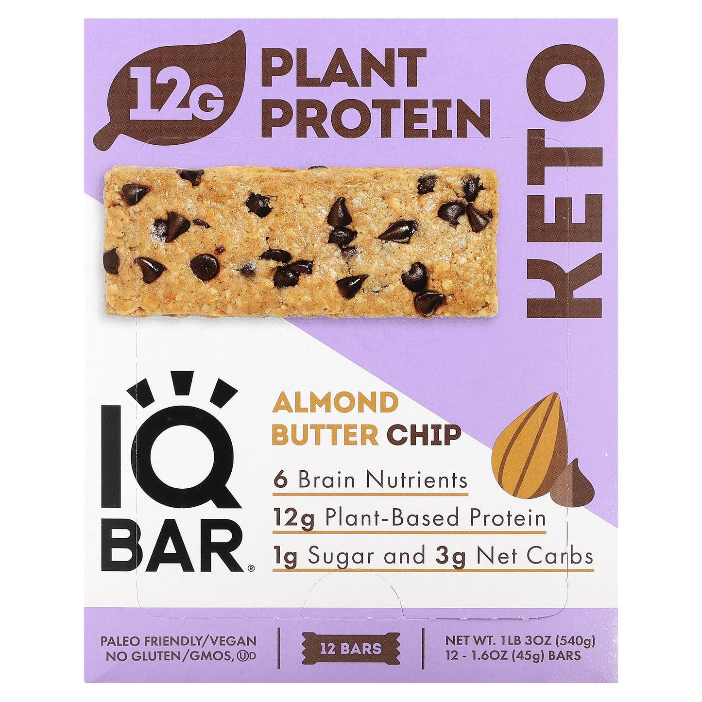 IQBAR, Plant Protein Bar, Almond Butter Chip, 12 Bars, 1.6 oz (45 g) Each