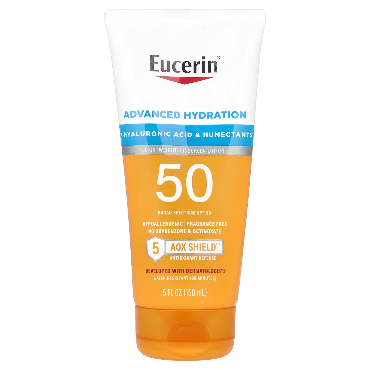 Eucerin, Advanced Hydration, Lightweight Sunscreen Lotion, SPF 50, Fragrance Free, 5 fl oz (150 ml)