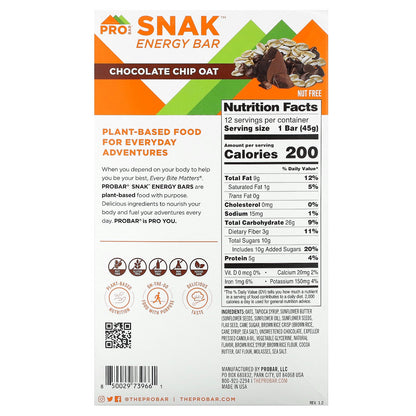 ProBar, Snak, Energy Bar, Chocolate Chip Oat, 12 Bars, 1.6 oz (45 g) Each