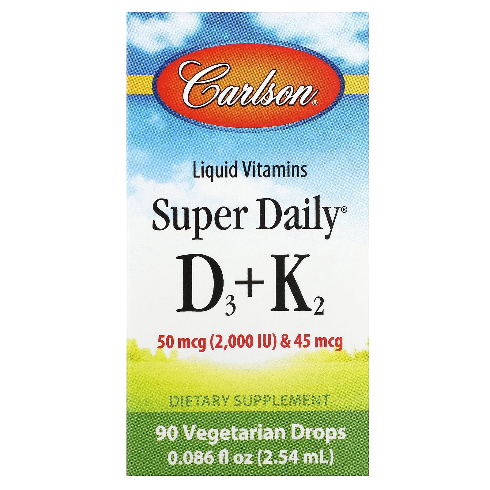 Carlson, Super Daily® D3 + K2, 50 mcg (2,000 IU) & 45 mcg, 0.086 fl oz (2.54 ml)