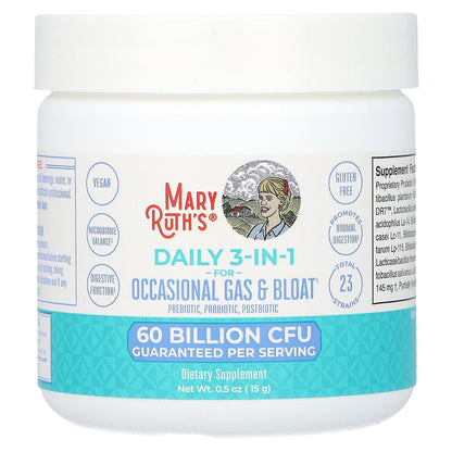 MaryRuth's, Daily 3-in-1 for Occasional Gas & Bloat, Unflavored, 60 Billion CFU, 0.5 oz (15 g)