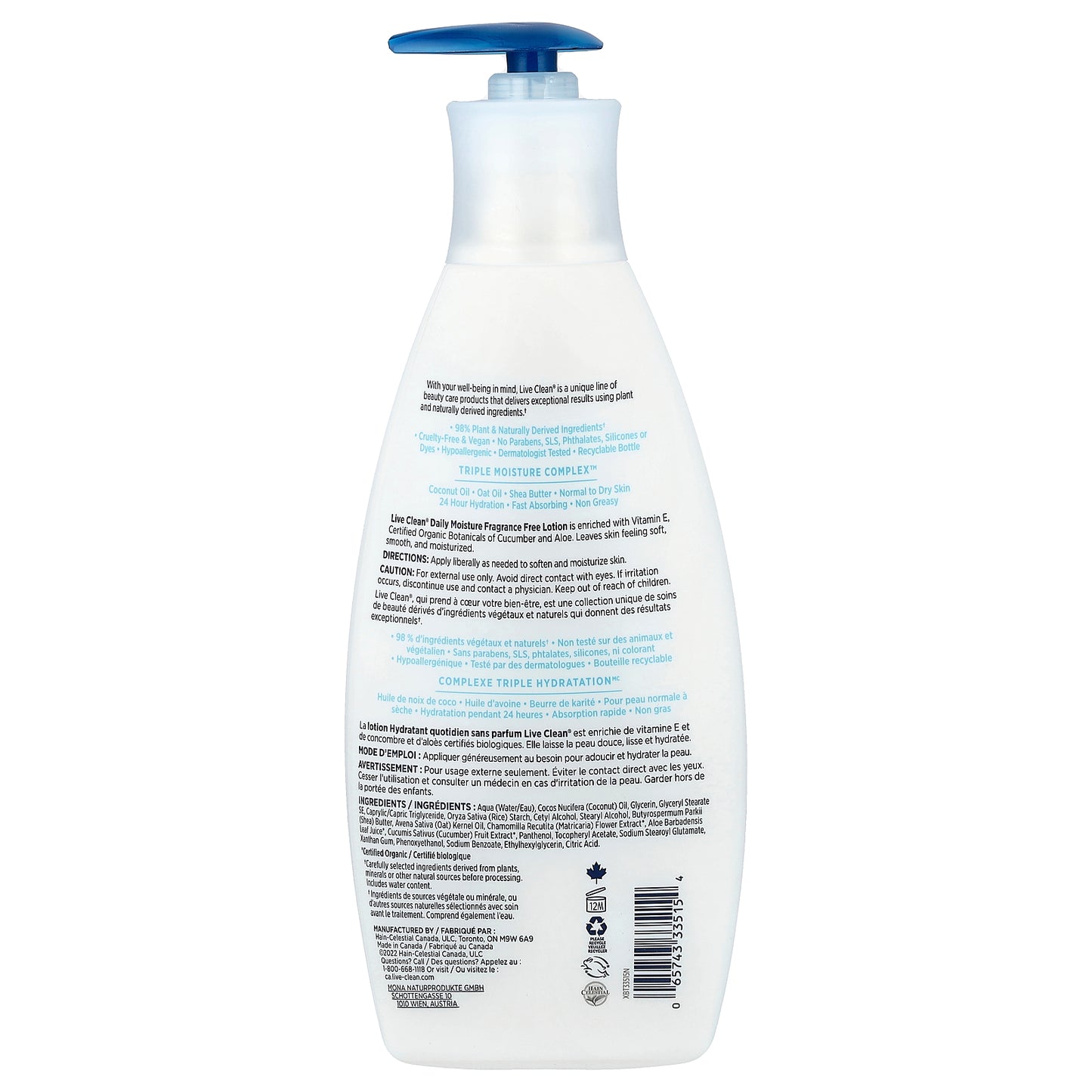 Live Clean, Daily Moisturizing Body Lotion, Fragrance Free, 18 fl oz (532 ml)