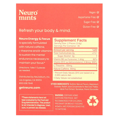 NeuroGum, NeuroMints, Energy & Focus, Cinnamon, 6 Packs, 12 Pieces Each