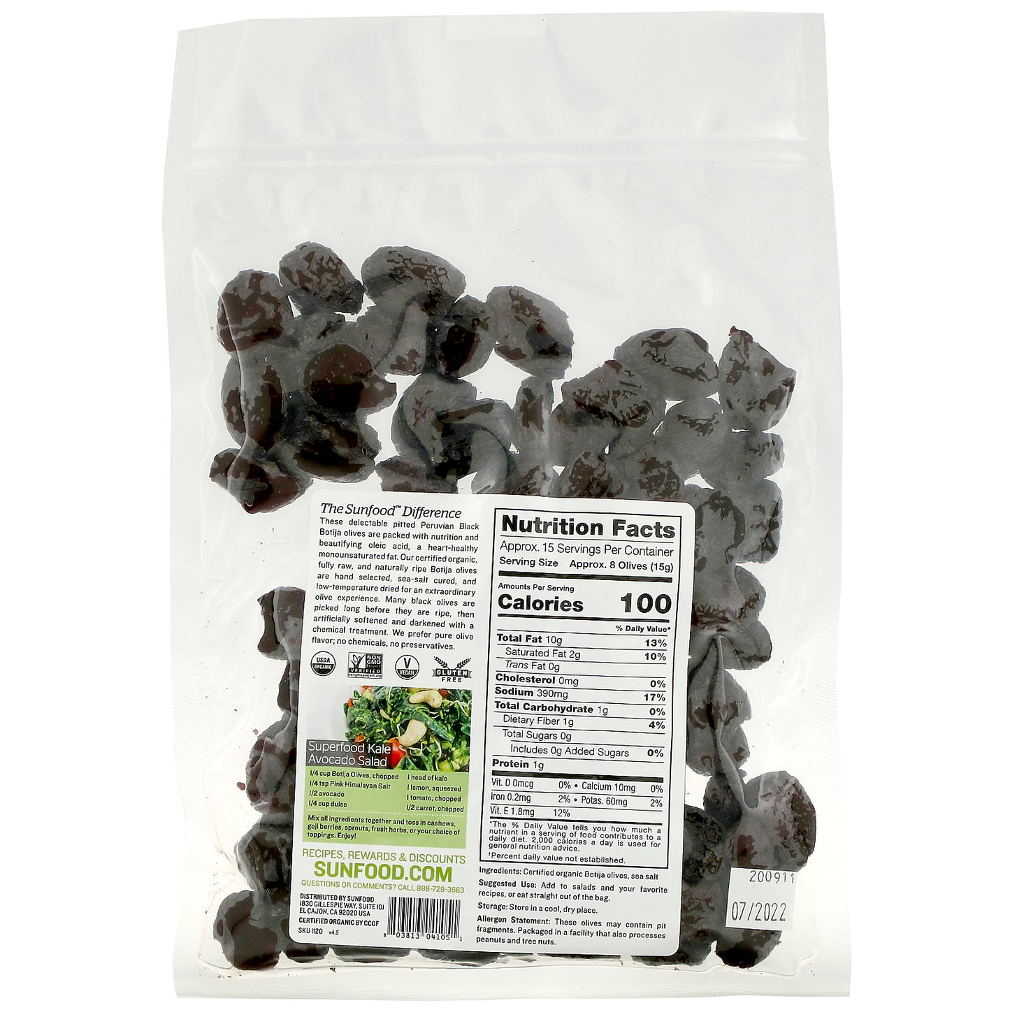 Sunfood, Pitted Peruvian Black Botija Olives, 8 oz (227 g)