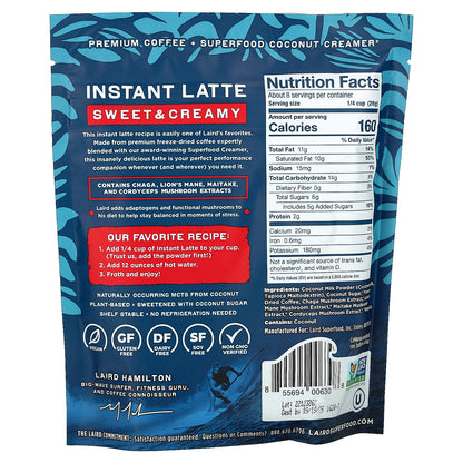 Laird Superfood, Instant Latte, Coffee + Creamer + Adaptogens, Sweet & Creamy, 8 oz (227 g)